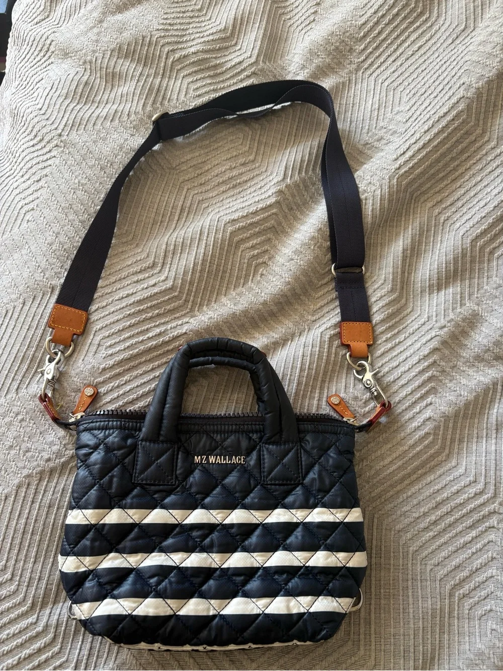 MZ WALLACE Micro Sutton Quilted Nylon Crossbody Tote - Navy & White Stripes - Picture 1 of 4